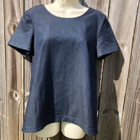 Cuyana Medium Denim Chambray Top Blouse Tie Back Blouse Short Sleeve Blue Tee - Picture 7 of 12
